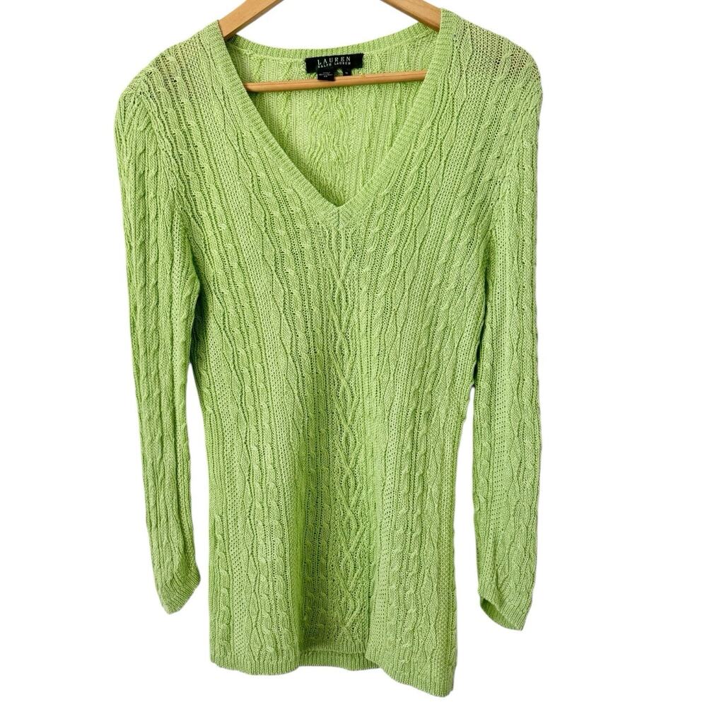 Lauren Ralph Lauren Lime Green 100% Linen Cable Knit Sweater Women’s Size Medium